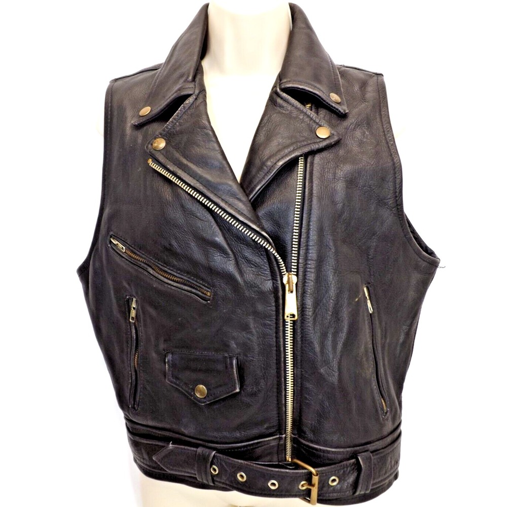 Leather Men Real Leather Heavy Black Motorcycle vest - LADIES size LARGE